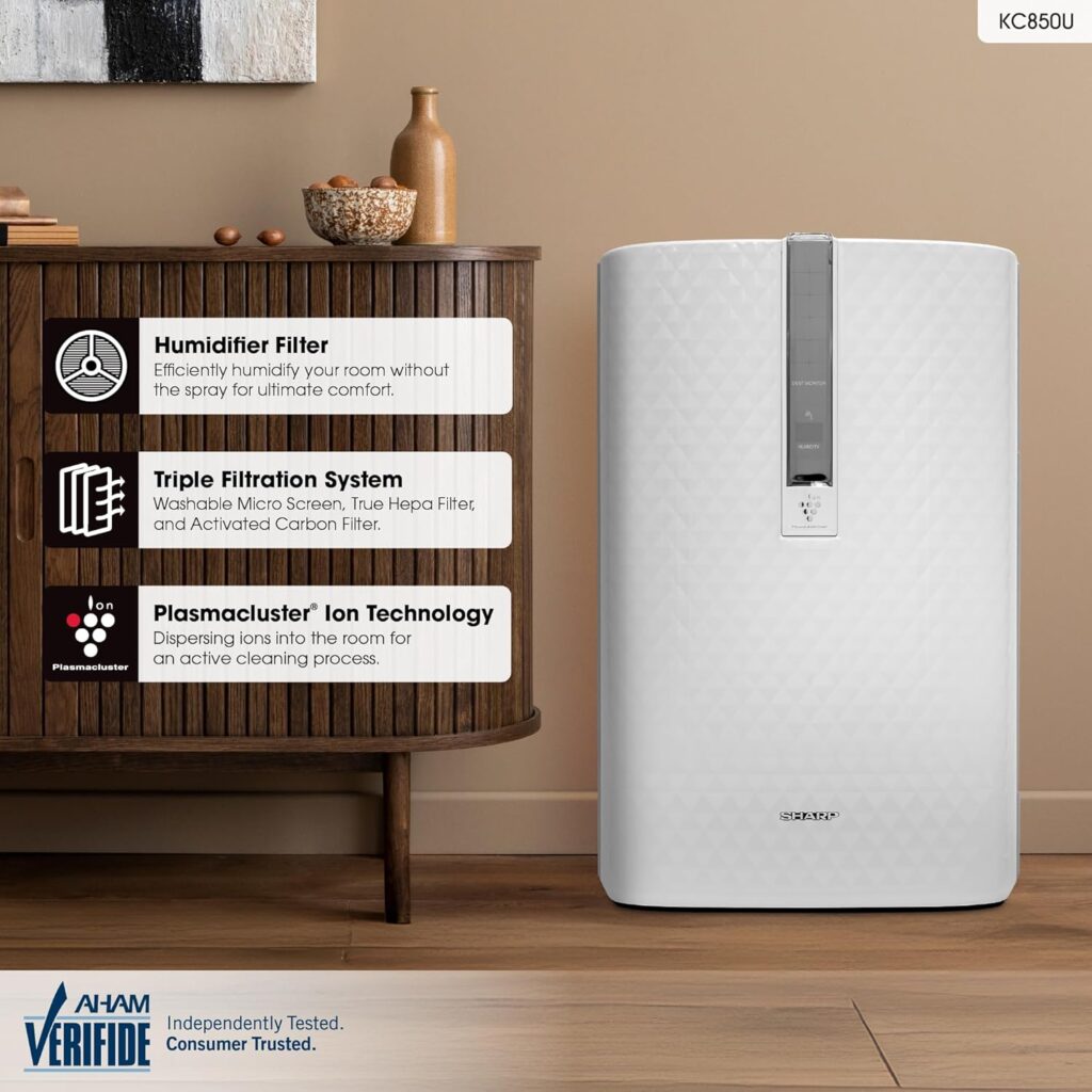 SHARP KC850U Air Purifier with Plasmacluster® and Built-in Humidifier For 250 sq. ft.